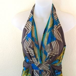 Women's BCBGMAXAZRIA Summer Halter Dress. Green, Blue, Brown. Medium
